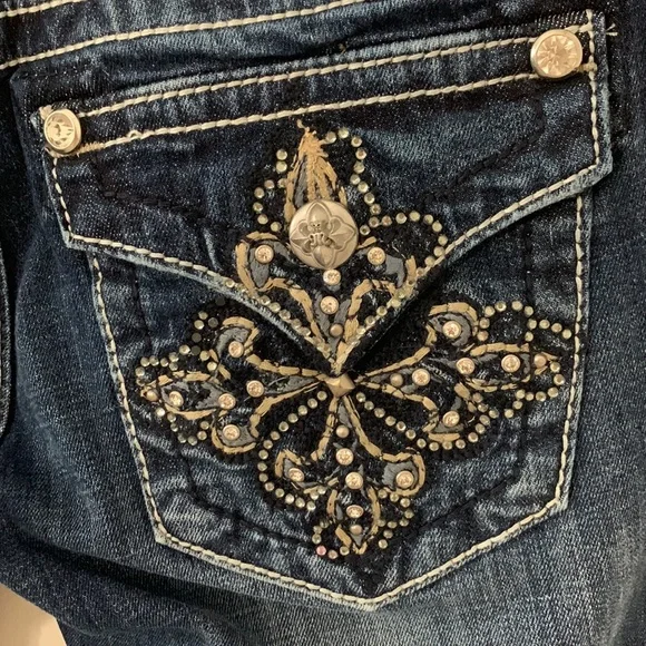 Miss Me Embroidered & Embellished Rhinestones Pockets Blue Denim Skinny-26 - Picture 6 of 14